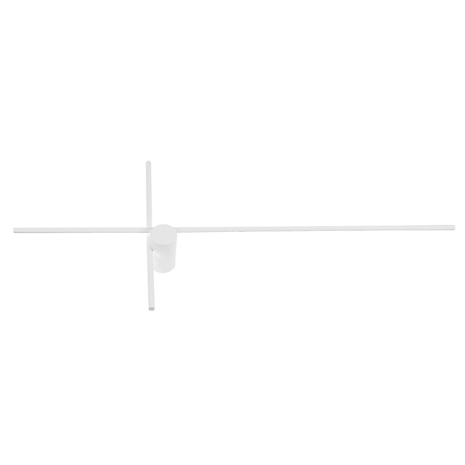 Biała lampa ścienna LED o nowoczesnym designie, składająca się z dwóch przecinających się cienkich prętów i cylindrycznego mocowania. Lampa jest minimalistyczna i przeznaczona do wnętrz.