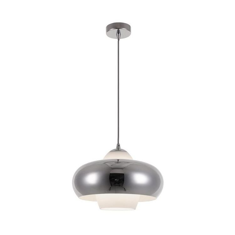 Lampa wisząca o nowoczesnym designie z metalicznym, błyszczącym kloszem i białym wnętrzem. Zawieszona na cienkim przewodzie z okrągłą podsufitką.