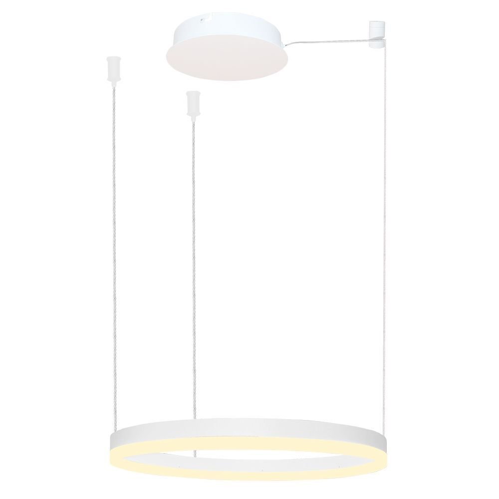 Biała, nowoczesna lampa wisząca LED o okrągłym kształcie, zawieszona na dwóch cienkich przewodach. Lampa emituje delikatne, ciepłe światło.