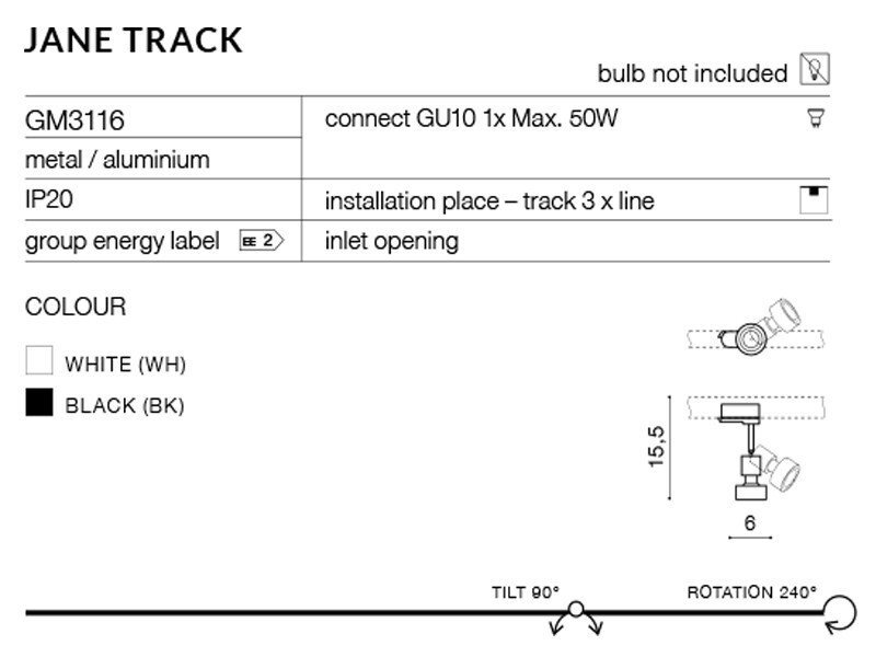 Obraz przedstawia specyfikację reflektora szynowego JANE TRACK. Zawiera informacje o modelu GM3116, materiałach (metal/aluminium), klasie IP20, oraz dostępnych kolorach: biały (WH) i czarny (BK).