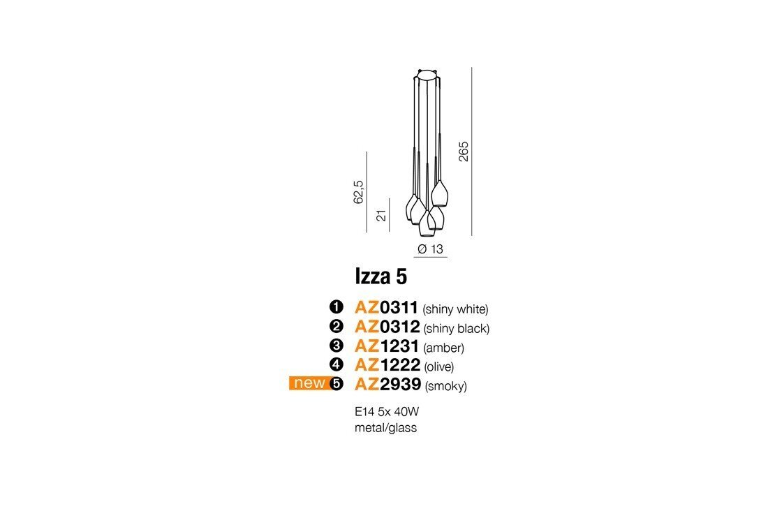 Schemat lampy wiszącej z wymiarami: wysokość 265 mm, średnica 13 mm. Dostępne wersje kolorystyczne to: shiny white, shiny black, amber, olive, smoky; model AZ2939 jest nowością.