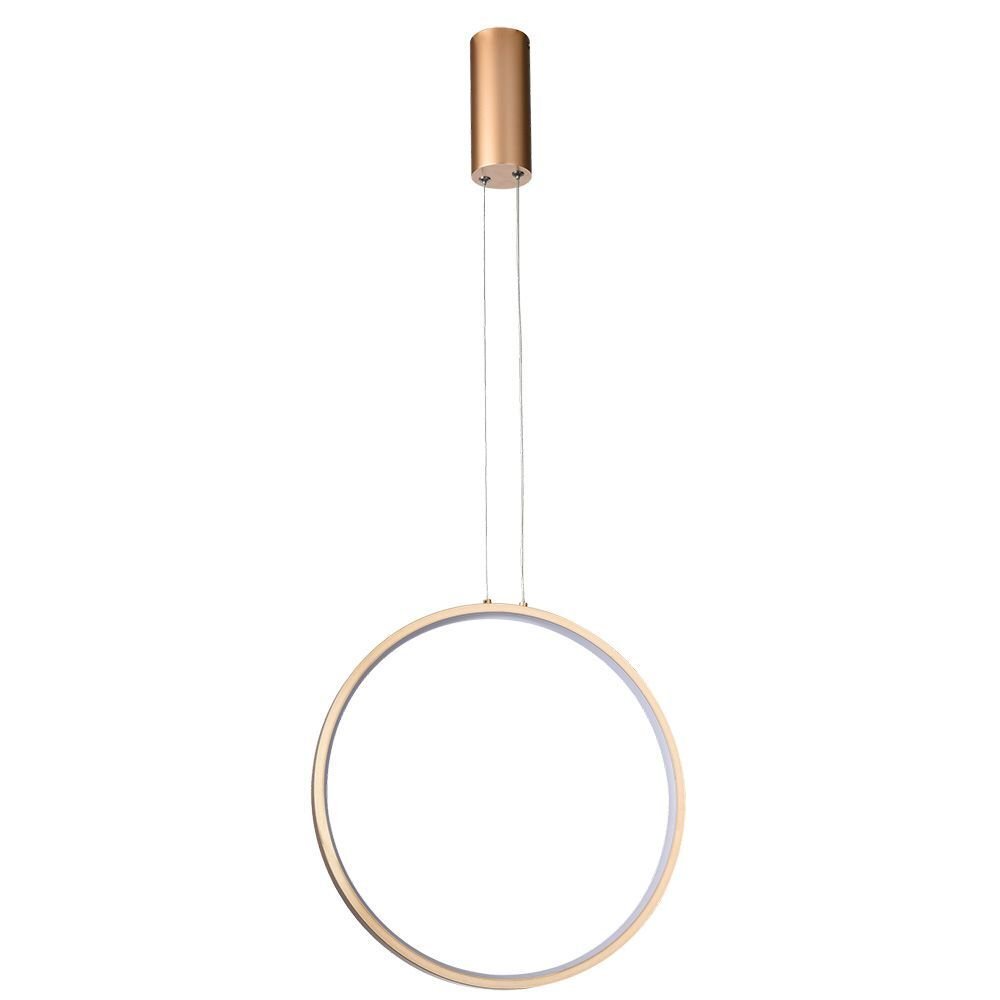 Na obrazie widoczna jest nowoczesna lampa wisząca w kształcie okręgu, zawieszona na dwóch cienkich przewodach. Lampa ma metaliczny kolor i prosty, minimalistyczny design.
