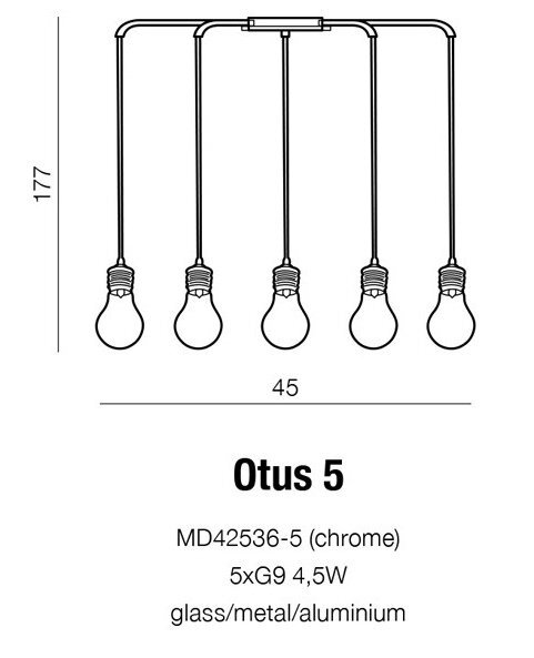 Schemat lampy wiszącej z pięcioma żarówkami, oznaczonej jako Otus 5. Pod schematem widnieje tekst: \'MD42536-5 (chrome) 5xG9 4,5W glass/metal/aluminium\'.
