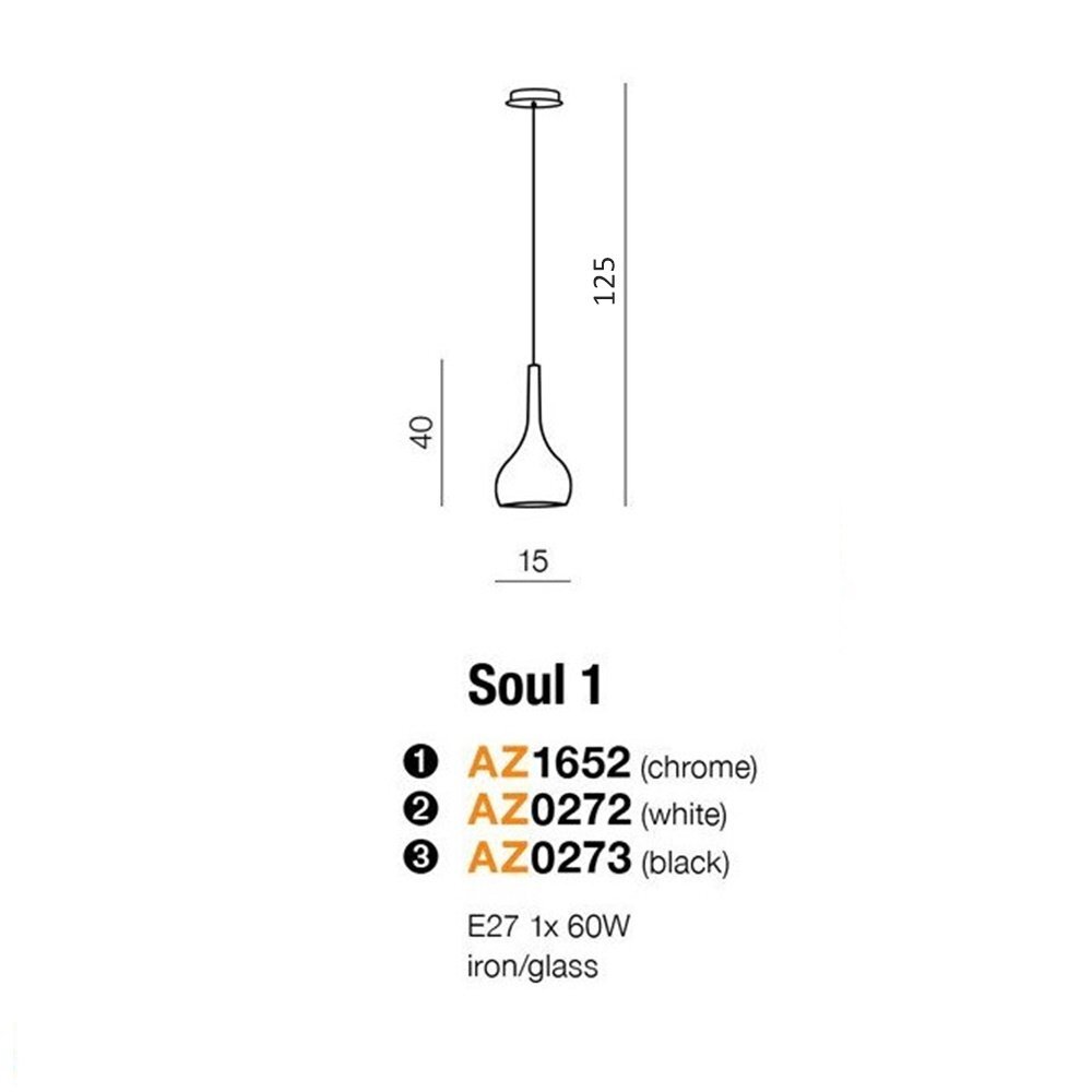 Schemat lampy wiszącej z wymiarami: wysokość 125 cm, szerokość 15 cm, wysokość klosza 40 cm. Dostępne modele: AZ1652 (chrome), AZ0272 (white), AZ0273 (black), E27 1x 60W, iron/glass.