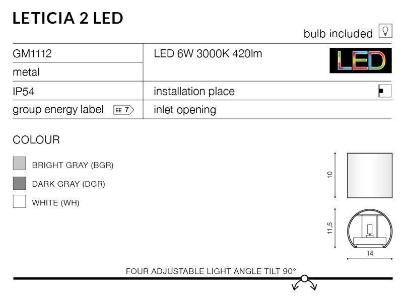 Obraz przedstawia specyfikację lampy ściennej Leticia 2 LED, która jest wykonana z metalu, ma moc 6W, temperaturę barwową 3000K i strumień świetlny 420lm. Lampa posiada klasę ochrony IP54 i jest dostępna w kolorach jasnoszarym, ciemnoszarym i białym.