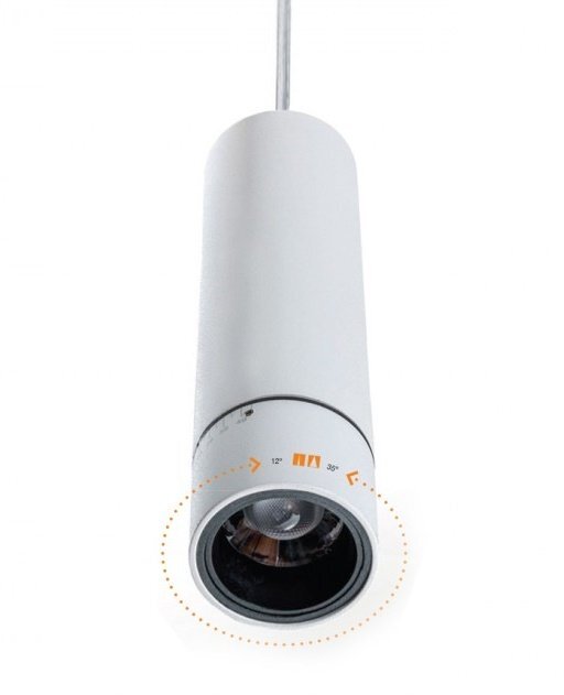 Biała, cylindryczna lampa wisząca z widocznym źródłem światła wewnątrz. Na obudowie znajdują się oznaczenia: \'12°\', \'36°\' oraz symbole strzałek.