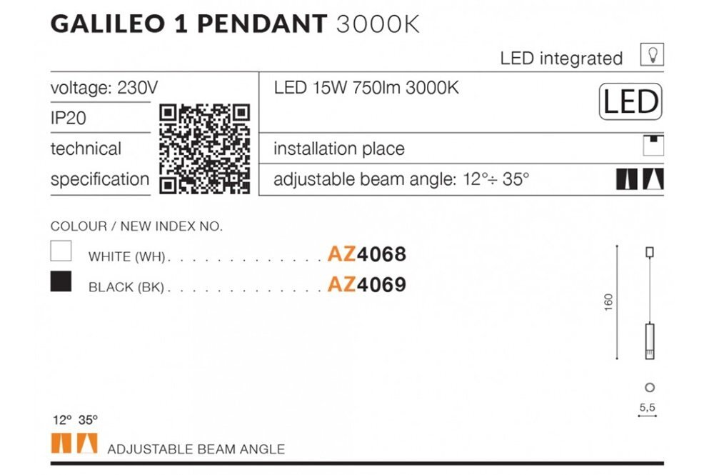 Obraz przedstawia specyfikację lampy wiszącej GALILEO 1 PENDANT 3000K z LED 15W 750lm 3000K. Dostępne kolory to biały (AZ4068) i czarny (AZ4069), a kąt wiązki światła jest regulowany od 12° do 35°.