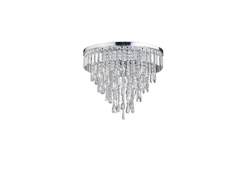 Lampa sufitowa z chromowaną podstawą i wiszącymi kryształowymi elementami, tworzącymi efektowną kaskadę.