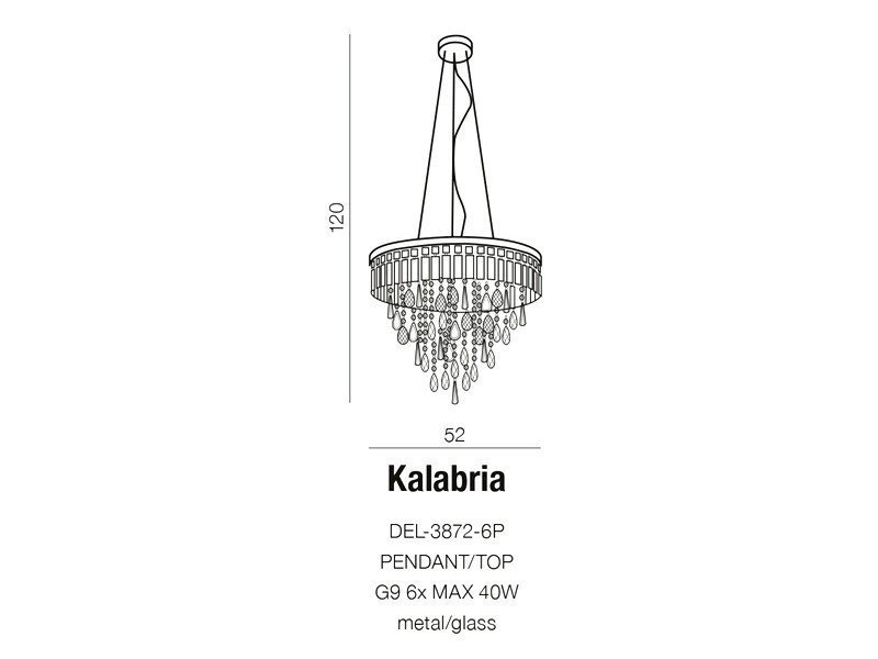 Schematyczny rysunek lampy wiszącej z kryształkami, z wymiarami 120 cm wysokości i 52 cm szerokości. Tekst: \'Kalabria DEL-3872-6P PENDANT/TOP G9 6x MAX 40W metal/glass\'.