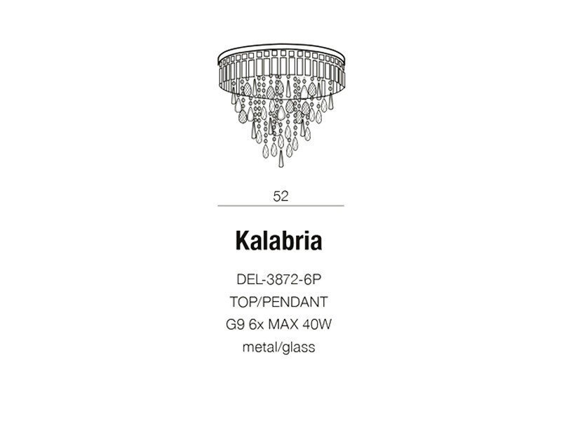 Ilustracja przedstawia lampę wiszącą z ozdobnymi kryształkami. Tekst na obrazie: \'Kalabria DEL-3872-6P TOP/PENDANT G9 6x MAX 40W metal/glass\'.