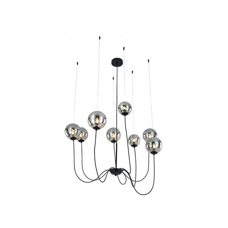 Lampa wisząca z ośmioma kulistymi kloszami, zawieszona na cienkich przewodach. Klosze mają metaliczny połysk, a całość jest utrzymana w nowoczesnym stylu.