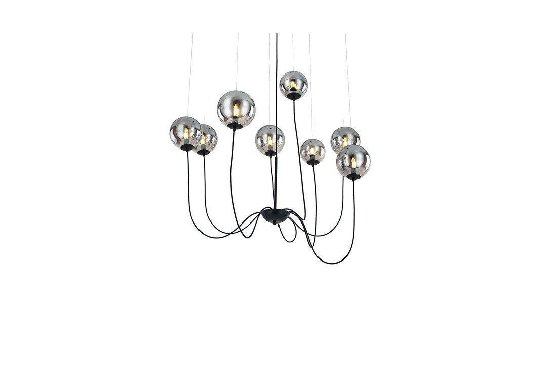 Lampa wisząca z ośmioma kulistymi kloszami w kolorze srebrnym, zawieszona na czarnych przewodach. Klosze są rozmieszczone na różnych wysokościach, tworząc nowoczesny design.