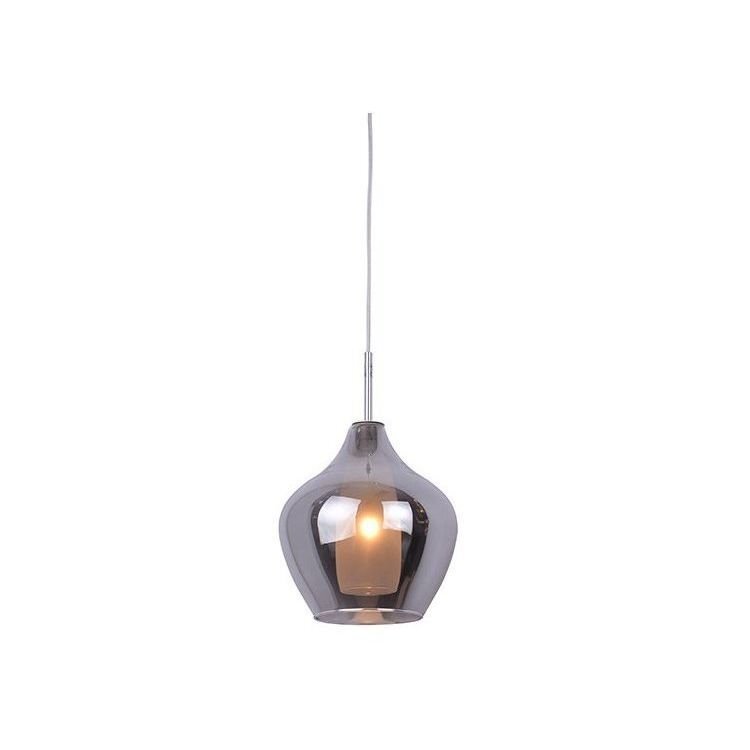 Na obrazie widoczna jest lampa wisząca z przezroczystym, ciemnym kloszem, wewnątrz którego znajduje się źródło światła. Lampa zawieszona jest na cienkim przewodzie.