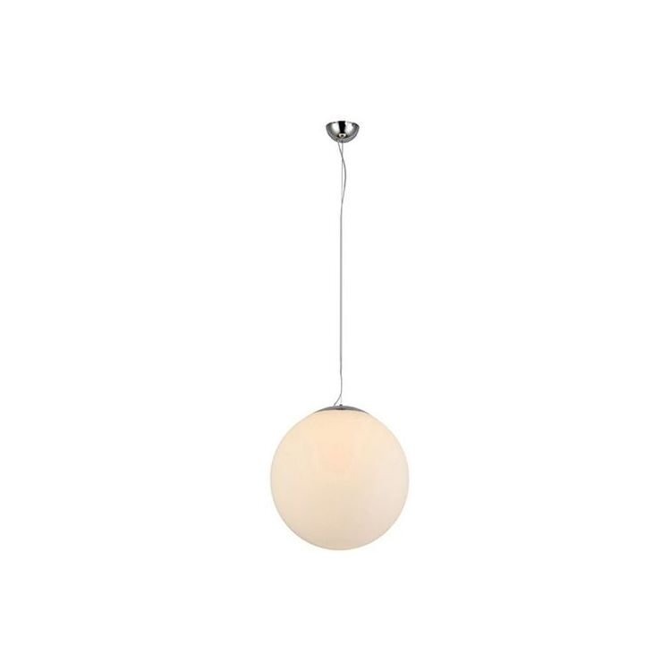 Na obrazie widoczna jest wisząca lampa w kształcie białej kuli, zawieszona na cienkim przewodzie z metalowym mocowaniem sufitowym.