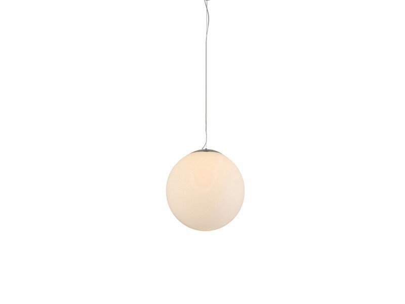 Na obrazie widoczna jest biała, kulista lampa wisząca zawieszona na cienkim przewodzie. Lampa ma gładką powierzchnię i emituje delikatne światło.