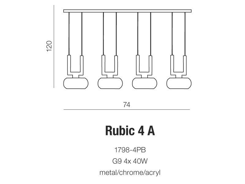 Schematyczny rysunek lampy wiszącej z czterema punktami świetlnymi. Pod rysunkiem widnieje tekst: \'Rubic 4 A, 1798-4PB, G9 4x 40W, metal/chrome/acryl\'.