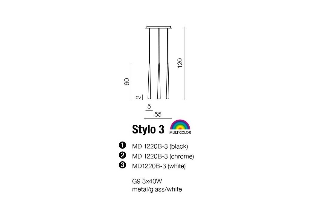 Schemat lampy wiszącej z trzema zwisami, oznaczonej jako Stylo 3, z wymiarami 120 cm wysokości i 55 cm szerokości. Dostępne kolory to czarny, chrom i biały, a materiał to metal/szkło/biały.