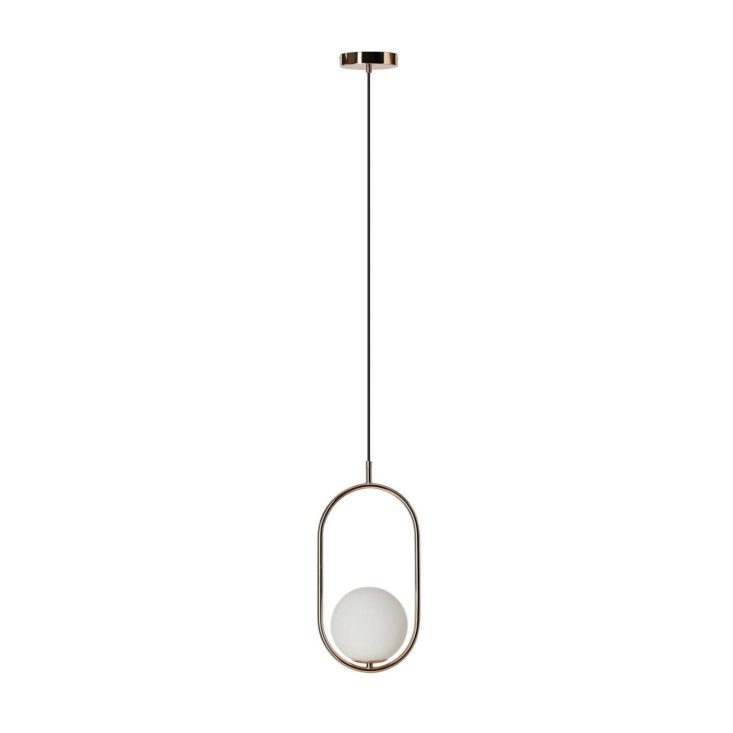 Nowoczesna lampa wisząca z metalowym, owalnym stelażem i kulistym kloszem w kolorze białym. Lampa jest zawieszona na cienkim przewodzie z okrągłą podsufitką.