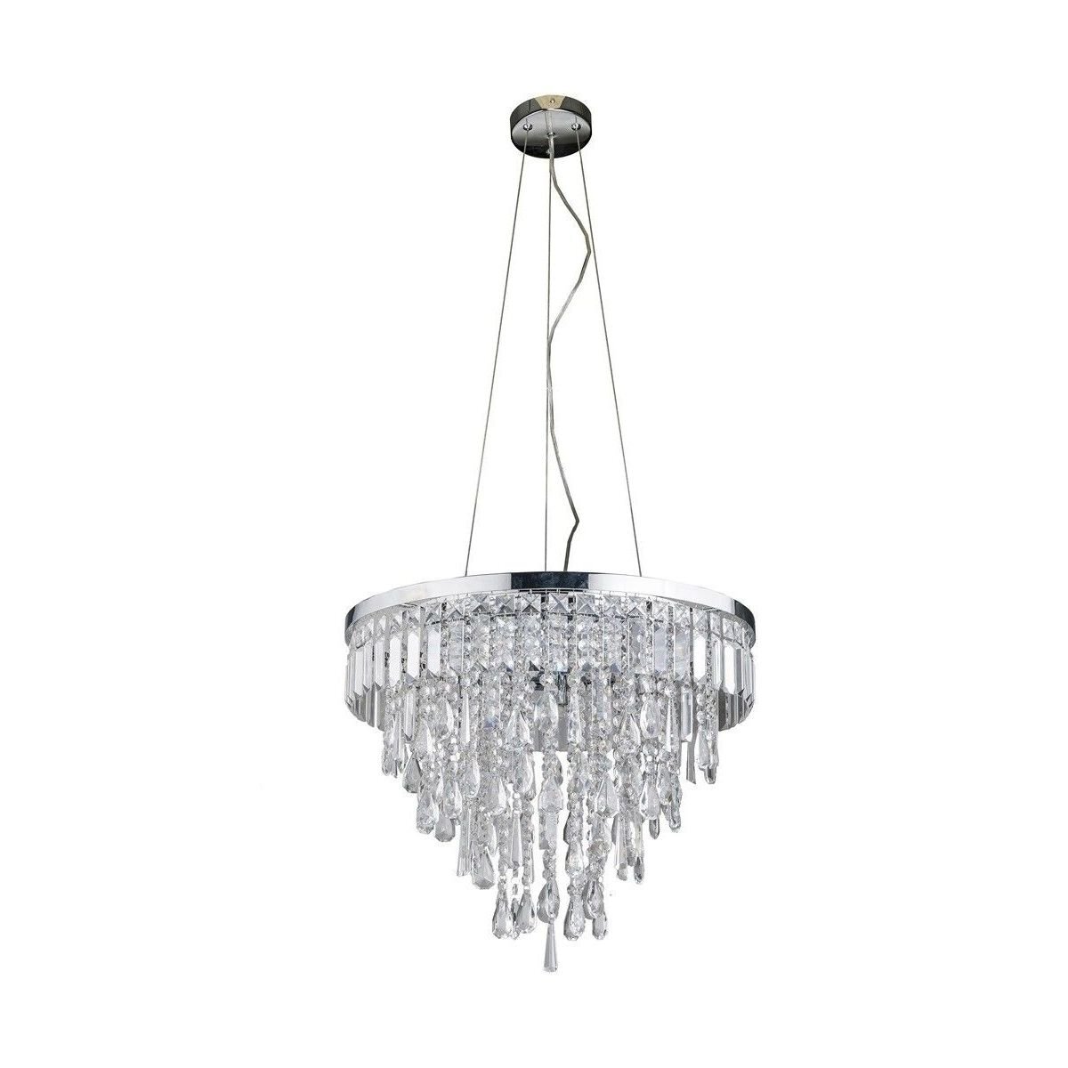 Lampa wisząca z okrągłym, metalowym stelażem i kryształowymi elementami zwisającymi w kształcie kaskady. Lampa jest zawieszona na cienkich metalowych linkach.