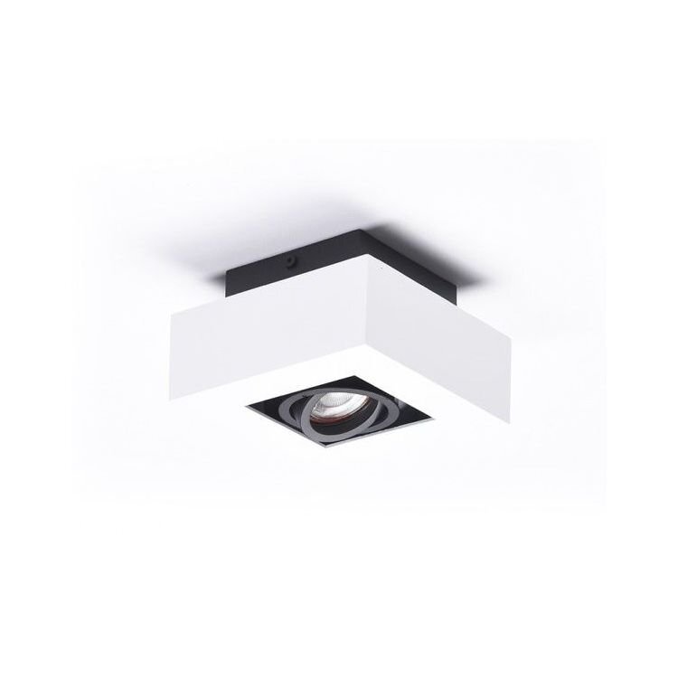 Kwadratowa oprawa natynkowa w kolorze czarnym i białym, z centralnie umieszczonym reflektorem. Lampa ma nowoczesny design i jest przeznaczona do montażu sufitowego.