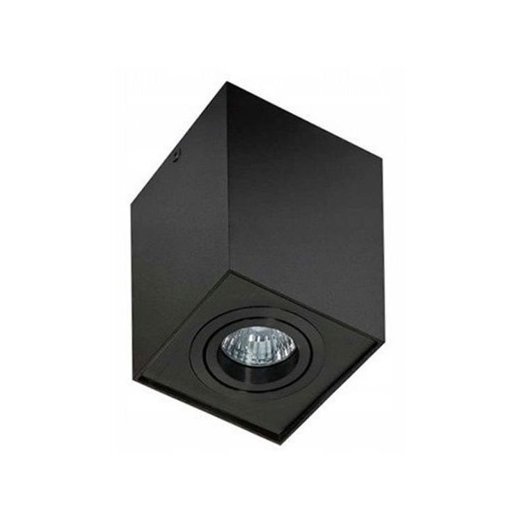 Czarna, kwadratowa oprawa natynkowa z wbudowanym reflektorem. Lampa ma nowoczesny design i jest przeznaczona do montażu sufitowego.