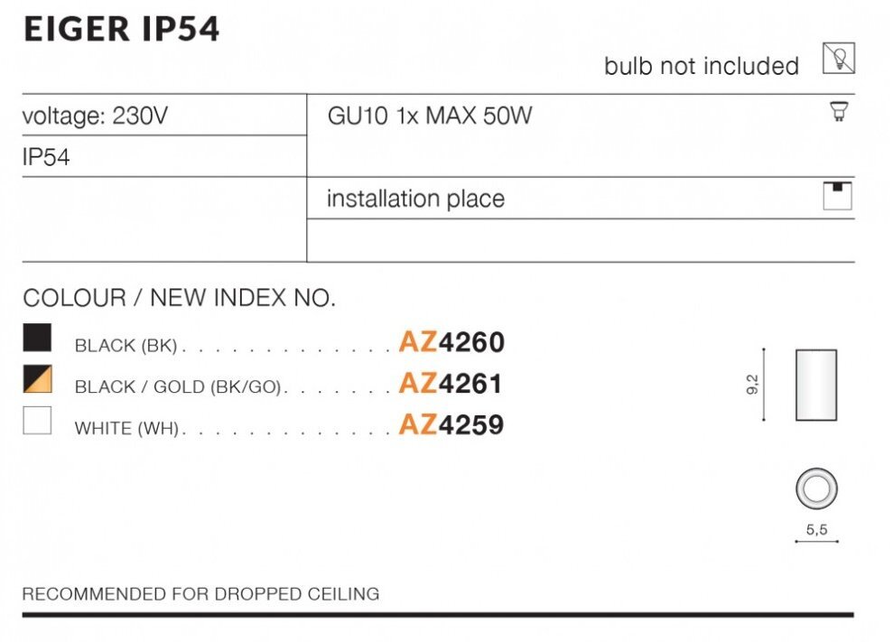 Obraz przedstawia specyfikację oprawy natynkowej EIGER IP54. Zawiera informacje o napięciu 230V, typie żarówki GU10 1x MAX 50W, oraz dostępnych kolorach: czarny (AZ4260), czarno-złoty (AZ4261) i biały (AZ4259).