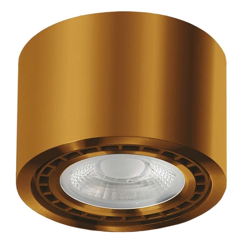 Cylindryczna, złota oprawa natynkowa z widocznym źródłem światła w środku. Lampa ma nowoczesny design i jest przeznaczona do montażu sufitowego.
