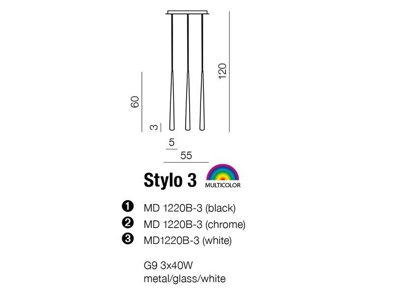 Schemat lampy wiszącej z trzema zwisami o długości 120 cm i szerokości 55 cm. Tekst: \'Stylo 3 MULTICOLOR\', \'1 MD 1220B-3 (black)\', \'2 MD 1220B-3 (chrome)\', \'3 MD1220B-3 (white)\', \'G9 3x40W metal/glass/white\'.