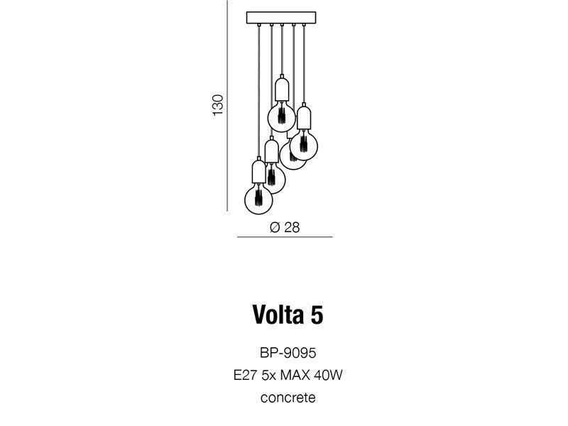 Schematyczny rysunek lampy wiszącej z pięcioma żarówkami, z wymiarami 130 cm wysokości i 28 cm średnicy. Pod rysunkiem znajduje się tekst: \'Volta 5 BP-9095 E27 5x MAX 40W concrete\'.