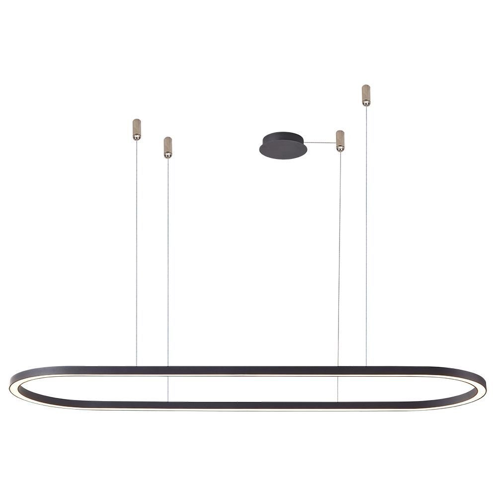 Na obrazie widoczna jest czarna, owalna lampa wisząca z czterema cienkimi przewodami mocującymi. Lampa ma nowoczesny design i jest ściemnialna.