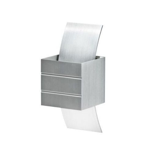 Lampa ścienna o nowoczesnym designie, wykonana z metalu w kolorze srebrnym, z zakrzywionym elementem świetlnym wychodzącym z prostokątnej obudowy.