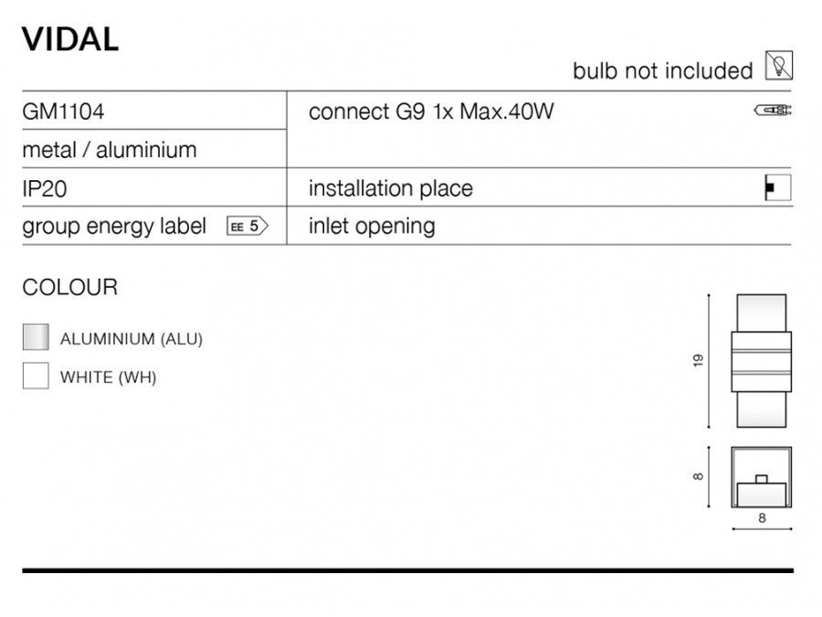 Obraz przedstawia specyfikację kinkietu ściennego Vidal. Zawiera informacje o modelu GM1104, materiałach (metal/aluminium), klasie IP20, oraz dostępnych kolorach: aluminium (ALU) i biały (WH).
