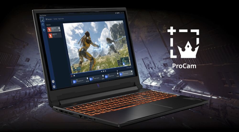 Laptop z podświetlaną klawiaturą wyświetla na ekranie grę komputerową. Obok znajduje się logo z napisem \'ProCam\'.