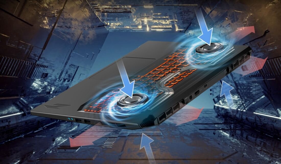 Obraz przedstawia laptop z widocznym systemem chłodzenia, z którego wydobywają się niebieskie strzałki symbolizujące przepływ powietrza. Tło jest futurystyczne, z elementami przypominającymi wnętrze technologicznego tunelu.