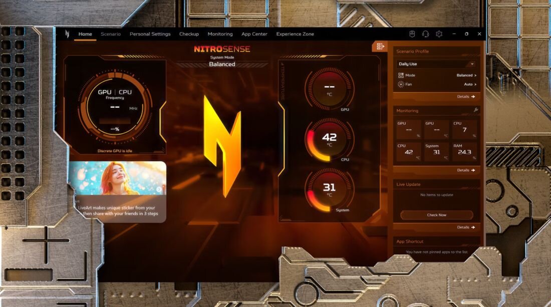 Interfejs oprogramowania NitroSense z widocznymi wskaźnikami temperatury GPU i CPU oraz opcjami ustawień. Na ekranie widoczny jest tekst: \'NITROSENSE\', \'Game Mode Balanced\', \'42 GPU\', \'31 System\'.