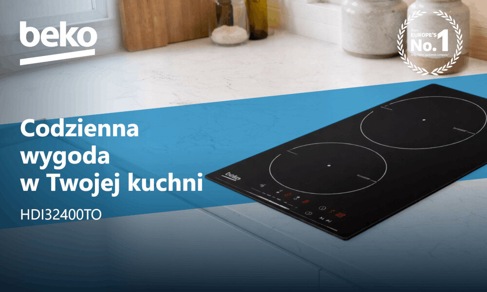 Na obrazie widoczna jest czarna płyta indukcyjna z dwoma polami grzewczymi, umieszczona na blacie kuchennym. Na niebieskim tle znajduje się tekst: \'Codzienna wygoda w Twojej kuchni HDI32400TO\', a w lewym górnym rogu logo \'beko\'.