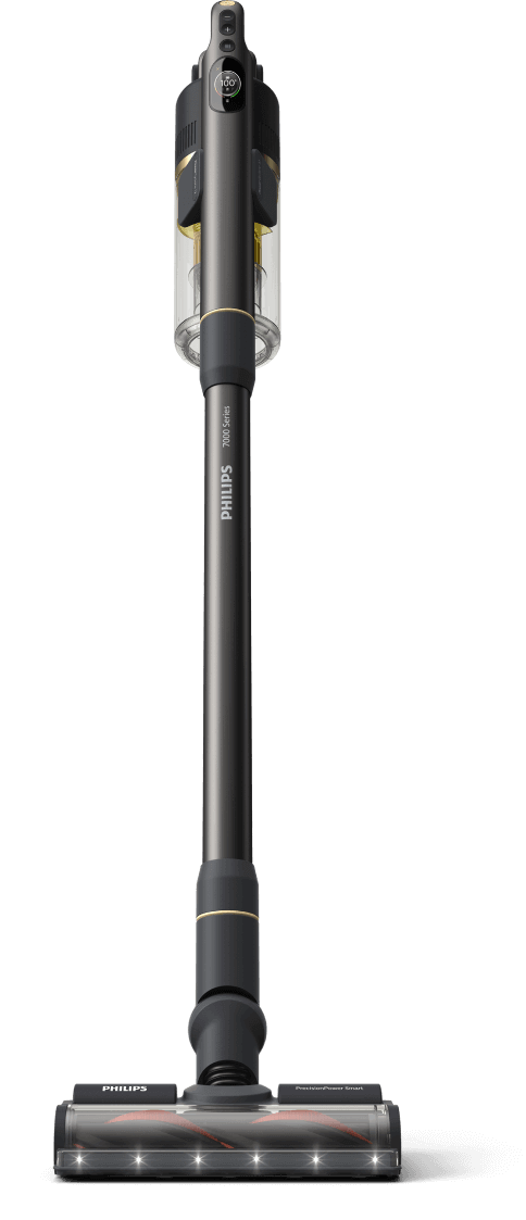 Odkurzacz pionowy w kolorze czarnym z przezroczystym pojemnikiem na kurz i napisem \'PHILIPS Aqua 7000\'. Główka odkurzacza wyposażona jest w kilka małych światełek LED.
