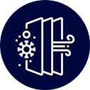 Ikona przedstawia symbol filtra powietrza z wirusem i strzałkami, na granatowym tle.
