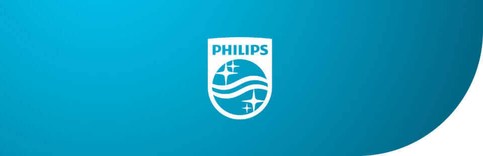 Logo PHILIPS na niebieskim tle, przedstawiające stylizowane fale i gwiazdy.