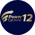 Logo z napisem \'Power Cyclone 12\' na ciemnym tle, z graficznym symbolem strzałki.