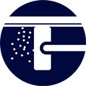 Ikona przedstawia okrągły symbol z białym wałkiem i uchwytem na granatowym tle. Obok wałka widoczne są białe kropki sugerujące czyszczenie lub mopowanie.