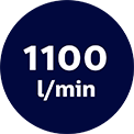 Ikona w kształcie koła z ciemnoniebieskim tłem, na której widnieje biały tekst \'1100 l/min\'.