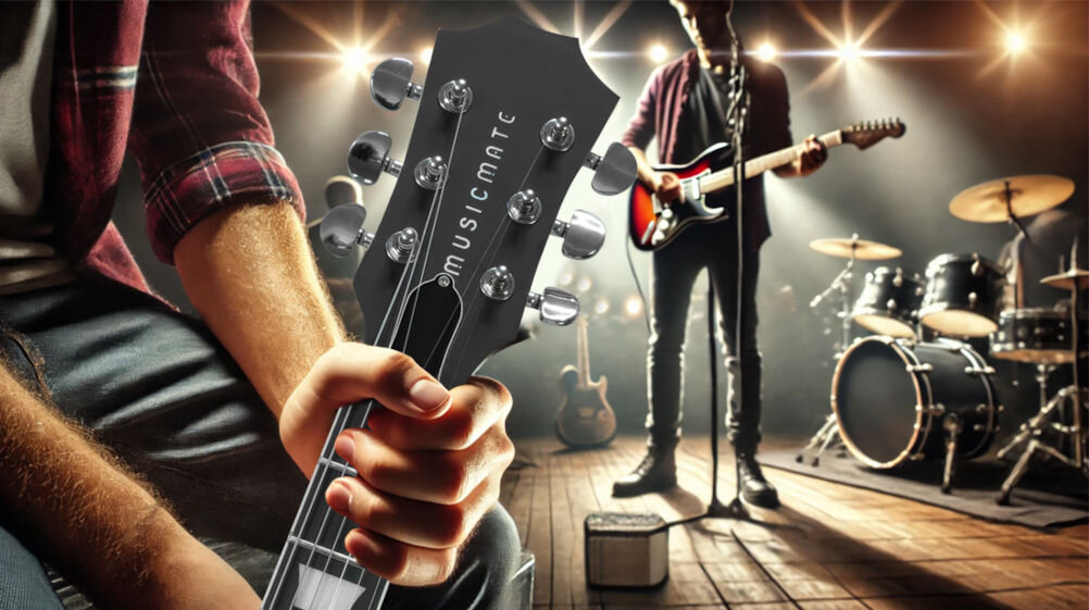 Osoba trzyma gitarę z widocznym logo \'MUSICMATE\' na główce, w tle scena z muzykiem grającym na gitarze i zestawem perkusyjnym.