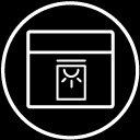 Ikona przedstawia biały symbol piekarnika z lampką na czarnym tle, otoczony białym okręgiem.