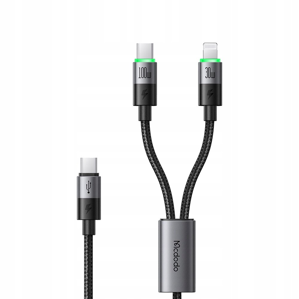 Na obrazie widoczny jest kabel z trzema końcówkami: dwie z nich mają oznaczenia \'100W\' i \'30W\', a jedna posiada symbol USB. Na kablu znajduje się napis \'Mcdodo\'.