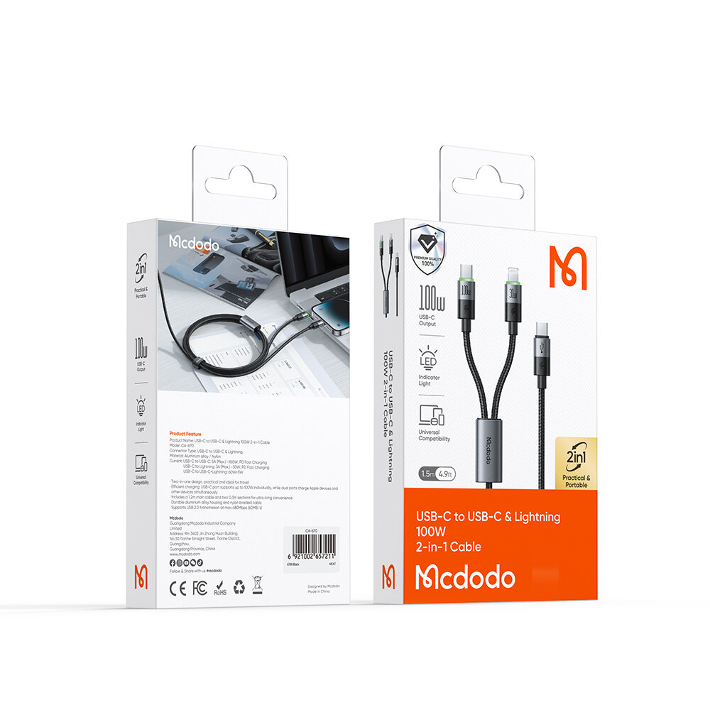 Opakowanie produktu Mcdodo z kablem USB-C do USB-C i Lightning 100W 2-in-1. Widoczne są informacje o szybkim ładowaniu, kompatybilności oraz logo Mcdodo.