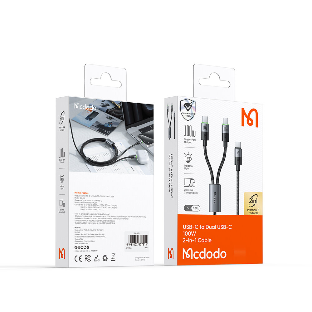 Opakowanie produktu Mcdodo z kablem USB-C do Dual USB-C 100W 2-in-1. Widoczne są informacje o szybkim ładowaniu, wskaźniku LED i uniwersalnej kompatybilności.