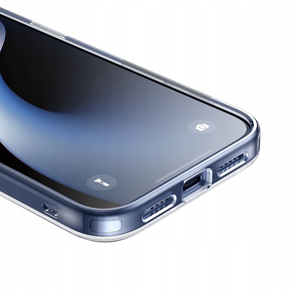 Obraz przedstawia telefon w przezroczystym etui z widocznymi otworami na głośniki i port ładowania. Na ekranie telefonu znajdują się ikony aparatu i mikrofonu.