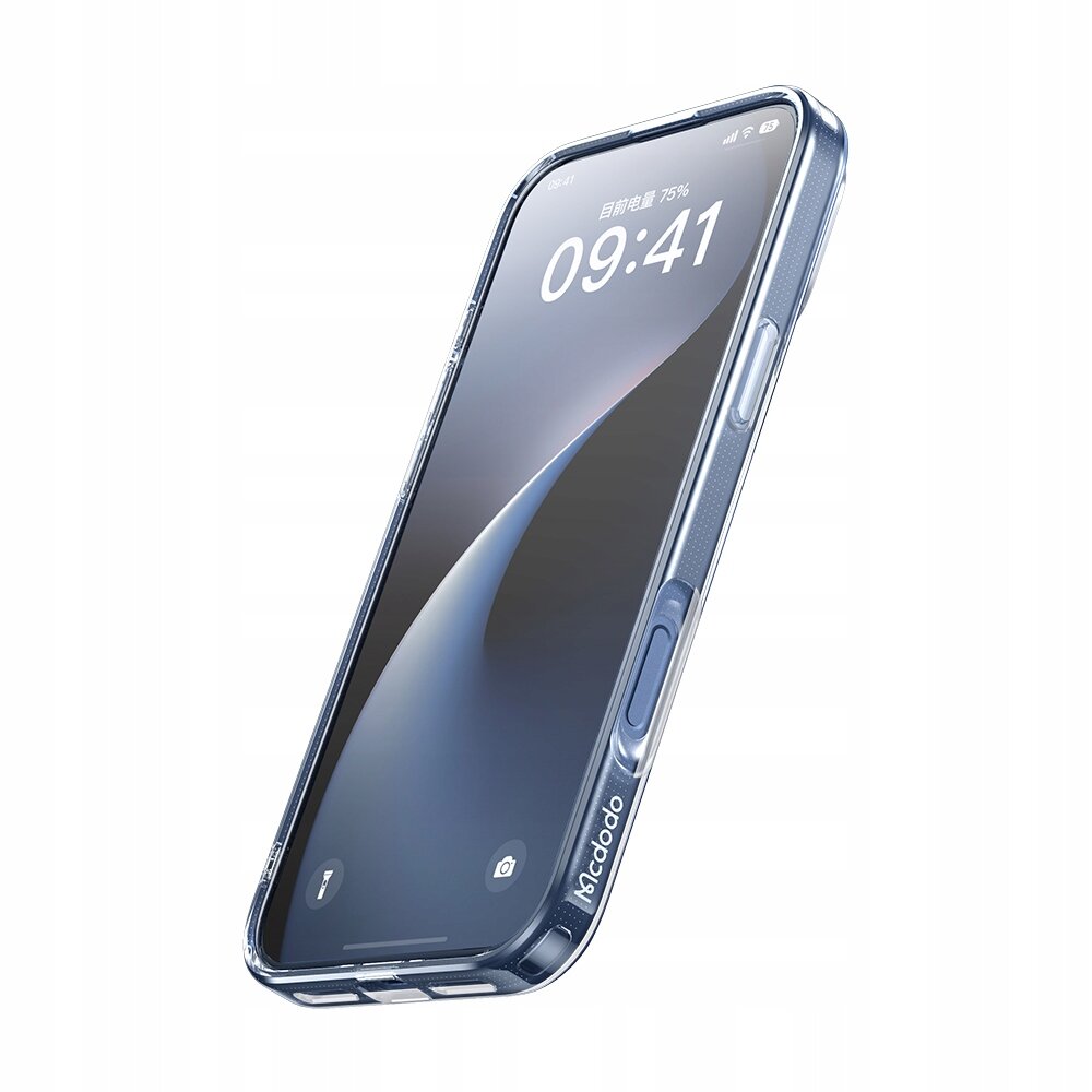 Przezroczyste etui na telefon z widocznym logo \'Mcdodo\' na boku. Na ekranie telefonu wyświetlana jest godzina 09:41 oraz poziom naładowania baterii 75%.