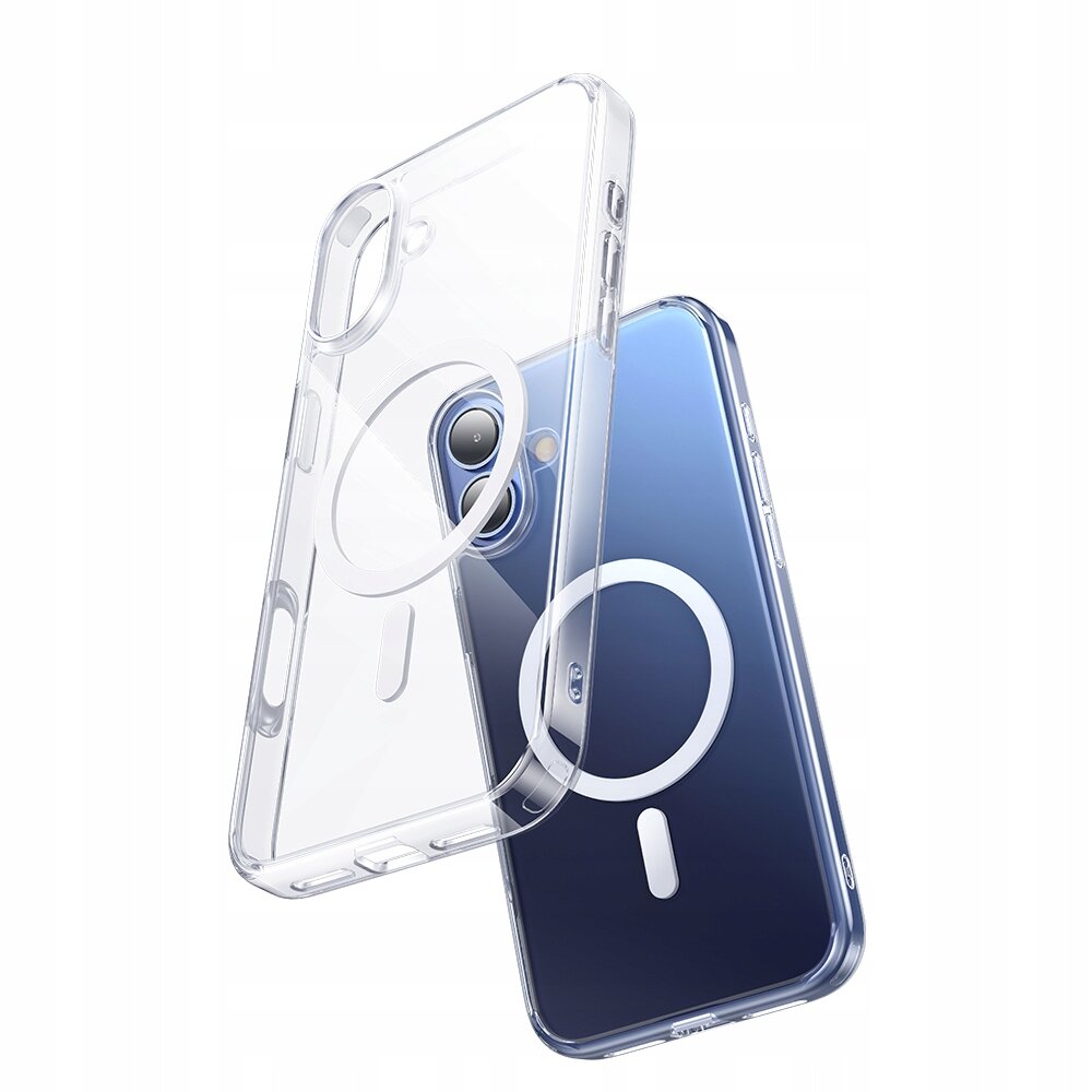 Przezroczyste etui na telefon z widocznym okrągłym wzorem na środku, obok telefonu z podobnym wzorem na obudowie. Etui i telefon są w kolorze niebieskim i przezroczystym.